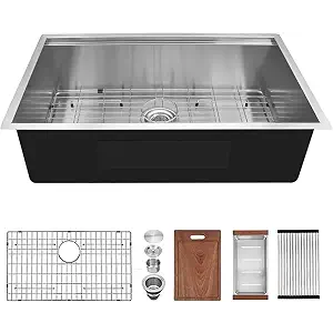 30 inch Undermount Workstation Sink, Stainless Steel Undermount Kitchen Sink 18 Gauge, Handmade Modern Single Bowl Kitchen Sink with Integrated Ledge and Accessories (Pack of 5)