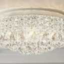 Maxax 4 Lights Brass Crystal Chandelier, Modern Drum Ceiling Light Fixture, Raindrop Flush Mount Round Metal Shade, for Dining Room, Living Room, Bathroom, Bedroom