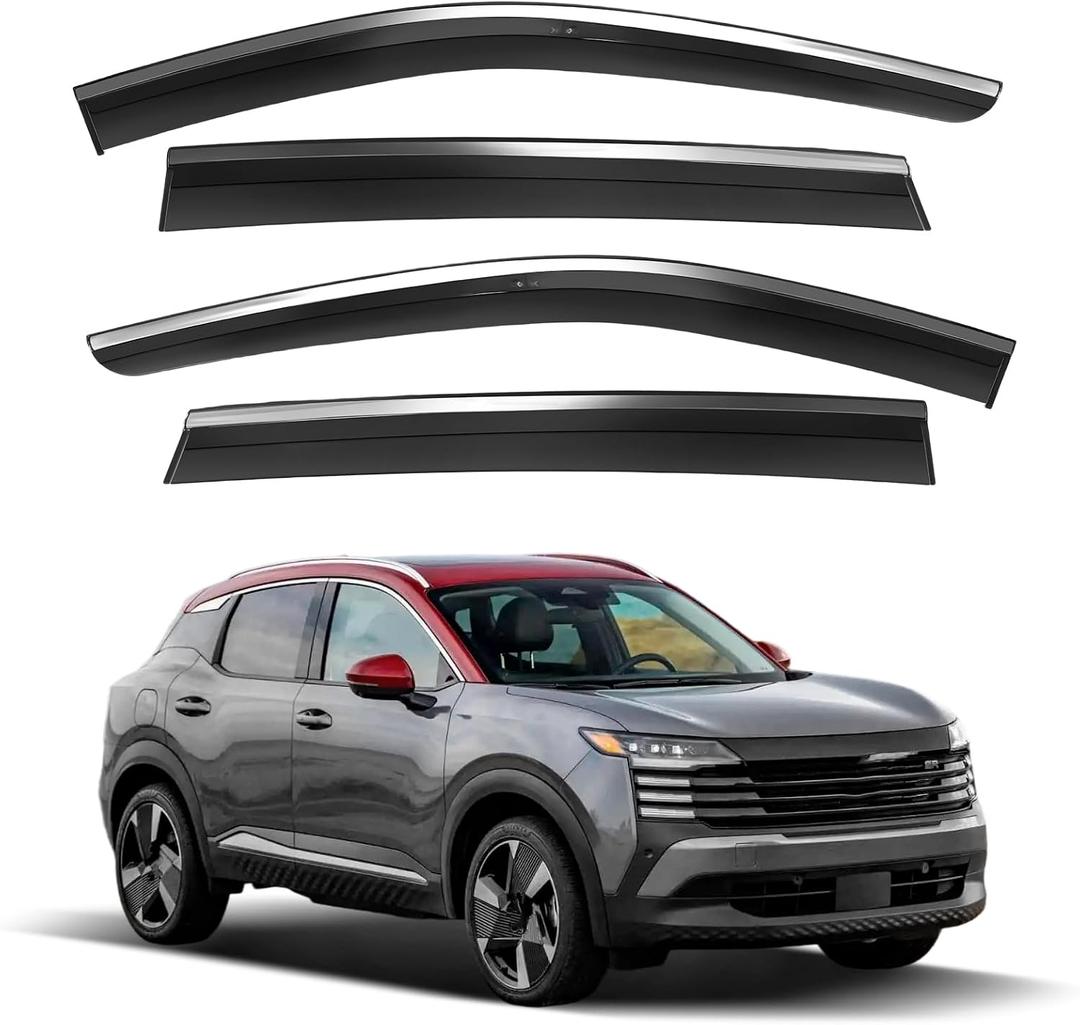 4PCS Fit for 2025 2026 Kicks Rain Guards Wind Deflectors Anti-Rain Window Visors with Tape 304 Stainless Steel TrimNoise Reduction Rain Guards&Side Window Wind Deflectors