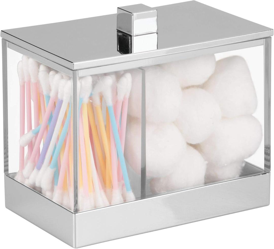 iDesign Clarity Metal Divided Canister with Lid for Bathroom, Kitchen, Countertop, Desk, and Vanity Organization and Storage, 5" x 3" x 4", Clear and Chrome