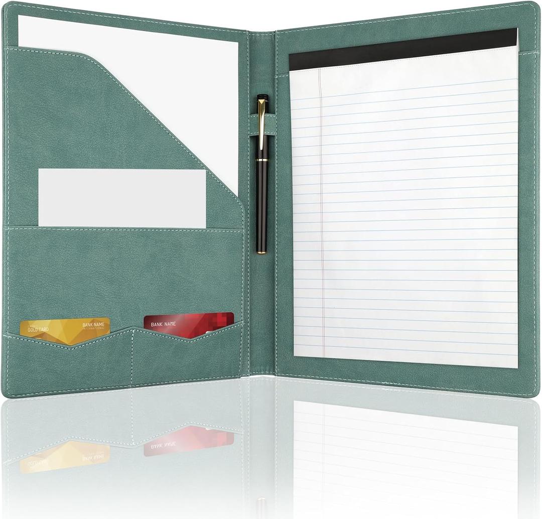 Professional Padfolio Portfolio Binder, Faux Leather Interview Resume Folder, Letter Size A4 Legal Writing Pad Holder, Document Organizer for Business School Office Conference (Green)