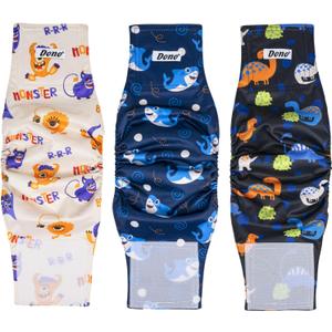 Dono Reusable Belly Bands for Male Dogs, 3 Pack Washable Dog Diapers Male, High Absorbency Male Dog Wraps, Leakproof Doggie Diaper for Puppy Doggy, Shark Dinosaur Monster, Large (Large (14''-18''))