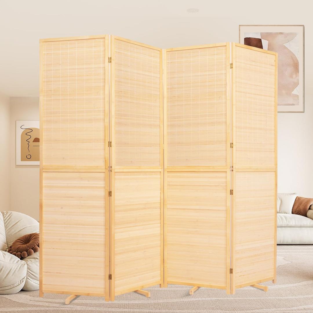 Room Divider Folding Privacy Screens, Hand-Made 67'' High Bamboo Room Dividers Freestanding 2-in-1 Multifunction 4 Panel Wall Divider for Room Separation, Portable Room Partitions and Dividers (Beige)