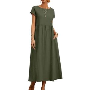 Larmliss Baggy Crew Neck Dress for Women Summer Casual Comfy Cotton Short Sleeve Tunic Beach Maxi Dresses with Pockets, 2XL