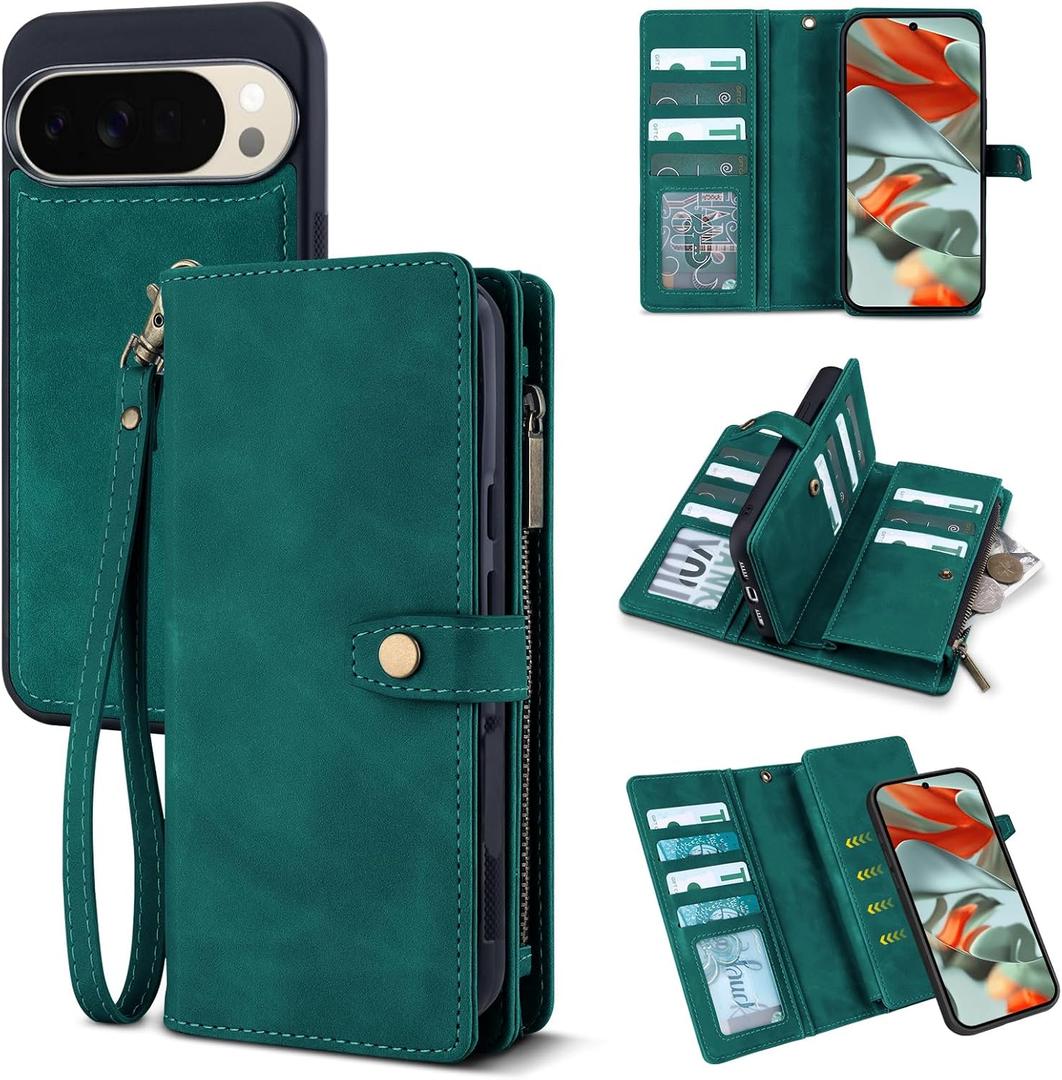 TwoHead for Google Pixel 10 Pro XL Wallet Case with Card Holder & Detachable Magnetic Pixel 10 Pro XL Case, PU Leather All-Round Protective Phone Cover,Green,6.8 in