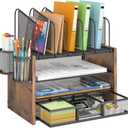 4-Tier Mesh Desk Organizer, Wooden Desk File Organizer with 5 Vertical File Holders and 2 Pen Holders, Desktop Organizers and Accessories with Drawer for Home Office