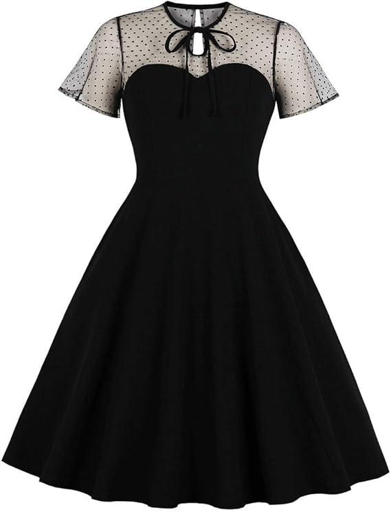 Women's Vintage Illusion Polka Dot Embroidery Keyhole Tie 1950s A-line Cocktail Dress 50s 60s Retro Summer Evening Party Wedding Formal Prom Dance Swing Dresses Black, Large