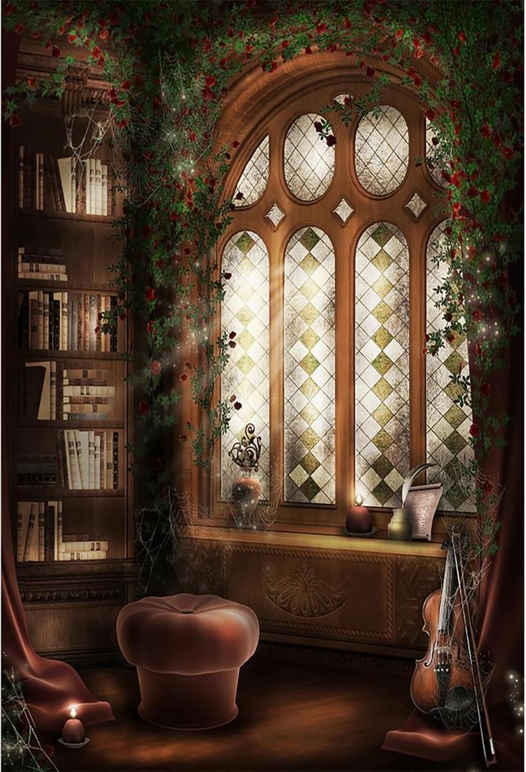 Baocicco Magic Library Interior Blackboard Backdrop 5x7ft Photography Background Reading Room Bookshelf Arched Window Magician Indoor Light Luxury Home Fortune Teller College
