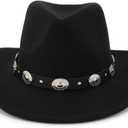 Eohak Womens Western Cowboy Hats Studded Pinched Western Cowgirl Hats Wide Brim Fedoras Hat with Belt Buckle (Size:Medium) (Black)