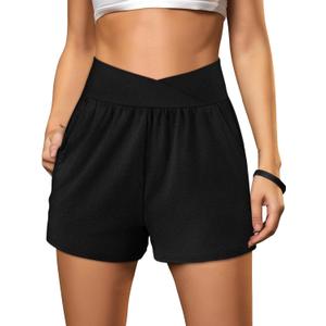 Sampeel Women's Workout Shorts Athletic Running Shorts Crossover High Waisted Gym Shorts with Pockets (Black, XXL)