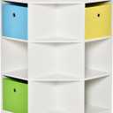 HOMCOM Kids Corner Cabinet, Cubby Toy Storage Organizer, Bookshelf Unit with Three Baskets for Playroom, Bedroom, Living Room, White