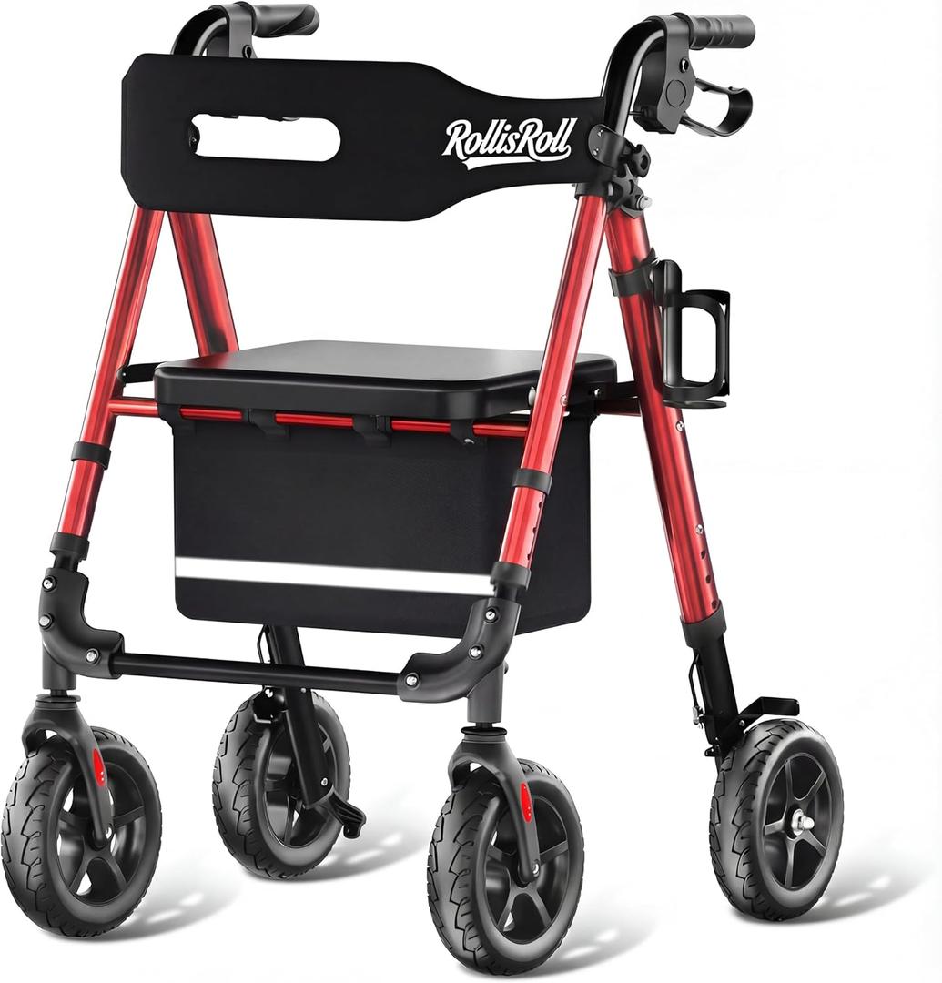 Walkers for Seniors Taller 5.3~7ft, Lightweight Foldable Rollator Walker, Built in Cable, Reinforced Aluminum Frame, 8" Big Rubber Wheels for All Terrain, 350lb Weight Capacity, Burgundy