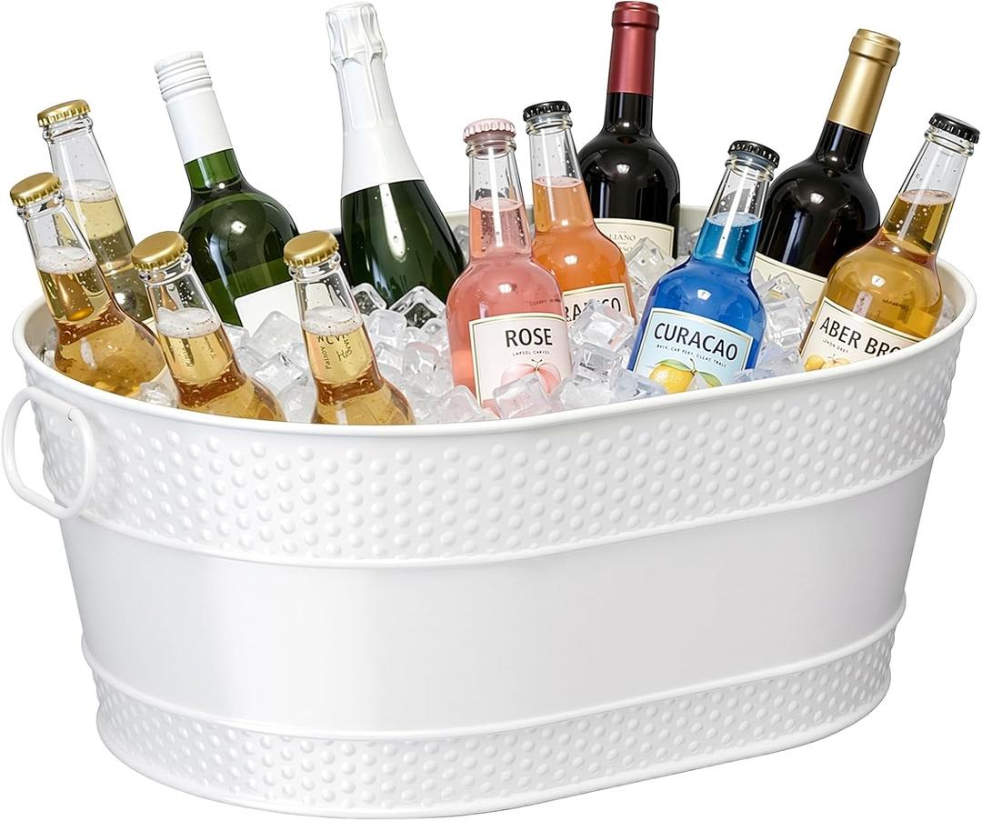 Galvanized Metal Beverage Tub for Parties - 4.5 Gallon Ice Bucket Drink Cooler with Handles, Mimosa Bar Supplies for Wine, Champagne, Beer, Cocktails and Soda, White, 18" x 11.5" x 7.5"