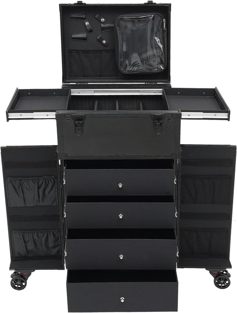 Professional Rolling Makeup Case with Wheels, Cosmetology Trolley for Makeup Artists and Nail Technicians, Cosmetic Train Case with Adjustable Dividers and Sliding Drawers, Black