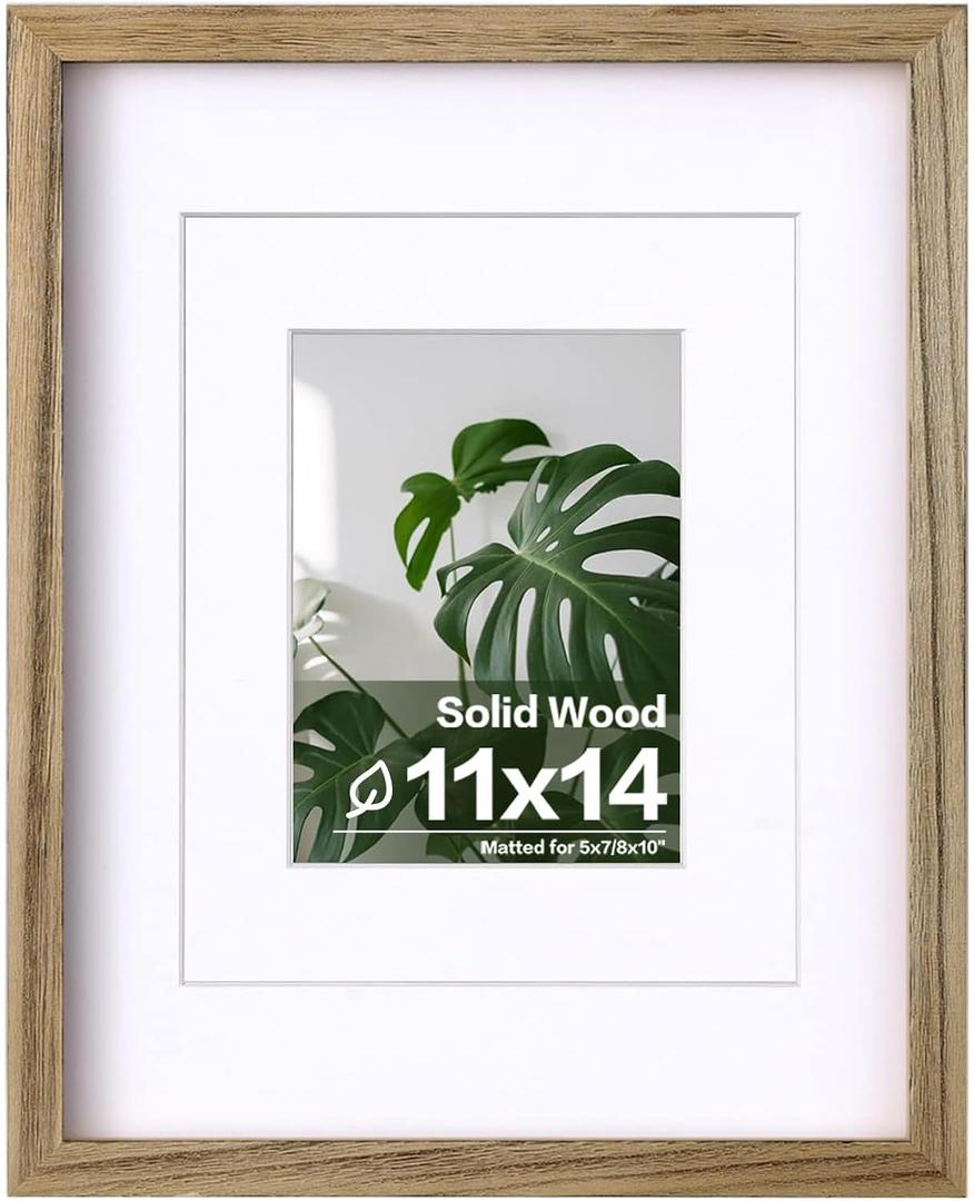 Egofine 11x14 Picture Frame with Plexiglass Made of Solid Wood, Display Pictures 5x7/8x10 with Mat or 11x14 Without Mat for Tabletop and Wall Mounting, Carbonized Brown