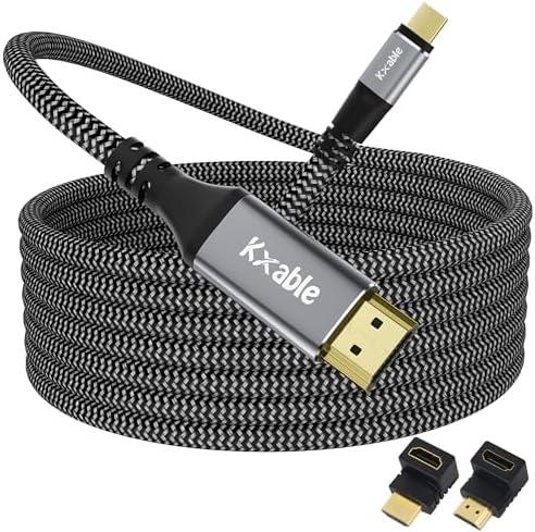 USB C to HDMI Cable 50 FT, 4K Type-C to HDMI Braided Cord, [Thunderbolt 3/4 Compatible], for iPhone 15 Series, MacBook Pro/Air, iPad Pro, Galaxy S23, Note 20, Surface, Dell, HP, with 2 HDMI Adapters