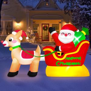 6 FT Long Santa and Reindeer Inflatable Christmas Decorations Outdoor Sleigh, Built-in LED Lights Funny Rein Deer Sled Blow Up Yard Decoration for Winter Vacation Outside Lawn Patio Xmas Indoor Party