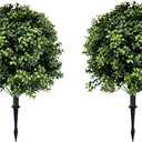 Artificial Boxwood Topiary Ball Tree with Ground Spike 27.5", Set of 2 Outdoor Faux Plants UV Resistant Fake Bushes Shrubs for Garden, Yard, Porch, Patio Decor