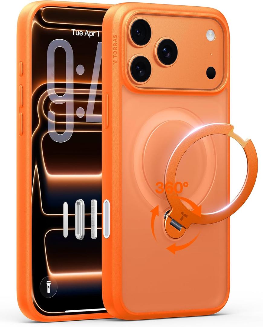 TORRAS Q3 Spin for iPhone 17 Pro Max Case with 360 Magnetic Stand, Wireless Charging Compatible, Hard PC Case for 17 Pro Max Phone Case with Stand, Translucent Cosmic Orange
