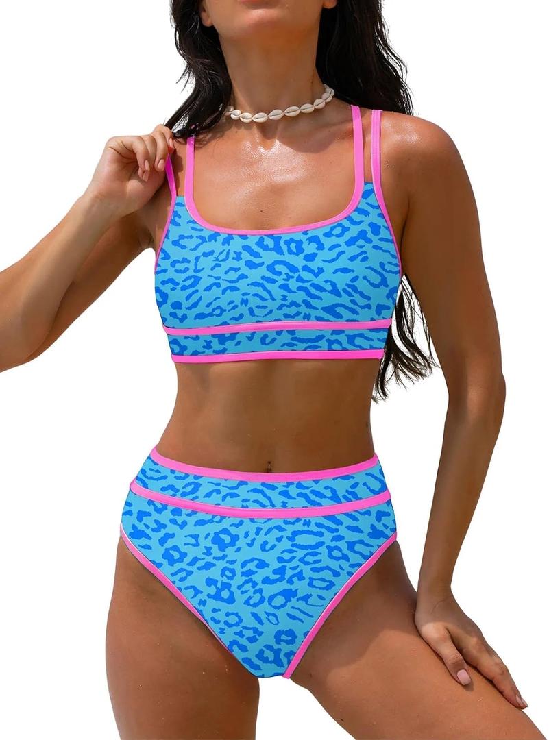popvil Women's High Waisted Bikini Sets Neon Two Piece 2026 Swimsuit Sporty Adjustable Straps Bathing Suit, S
