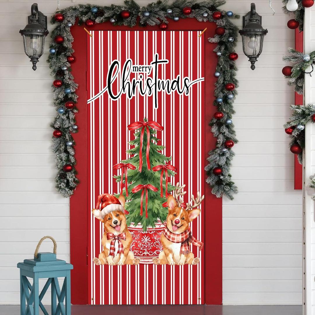 Merry Christmas Door Cover, Funny Santa Corgi Chinoiserie Xmas Tree Decoration Doorway Door Curtains Banners Backdrop Background Decor for Indoor Outdoor, Winter Party Decorations, 35*79 Inch (H-Christmas Door Cover)