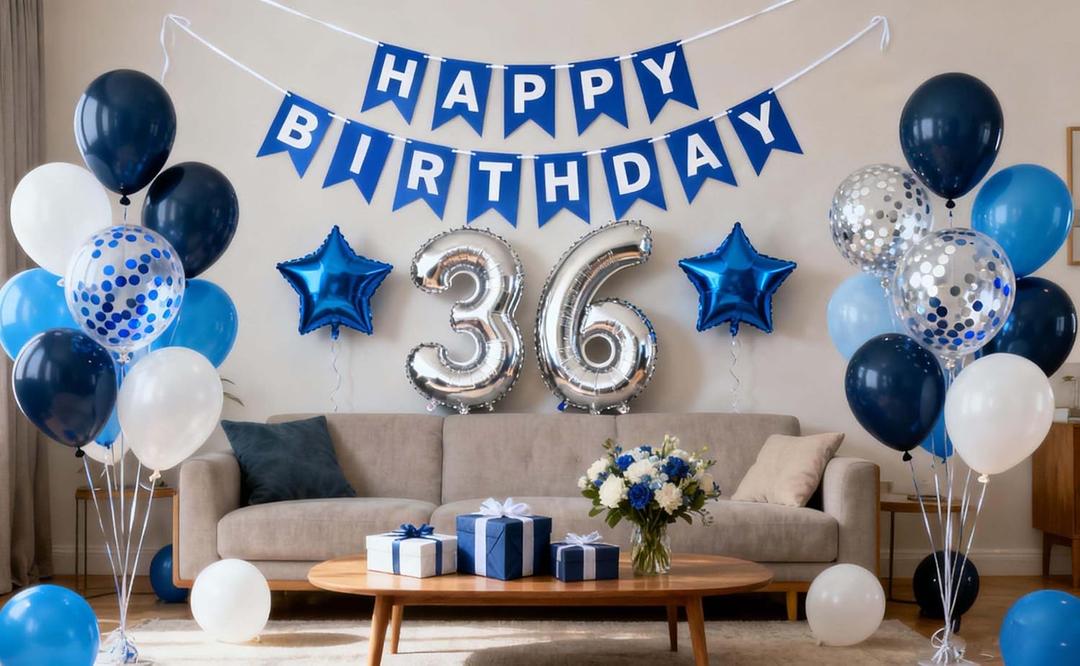 36th Birthday Party Decoration Blue Silver for Men, Happy Birthday Banner Number 36 Star Foil Balloons Latex Confetti Balloons for Men Him Husband 36 Years Old Birthday(36th)