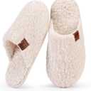 Womens Fuzzy Scuff Slippers, Comfy Supportive Foam Slip-On House Shoes for Indoor Bedroom (7-8, Off-white)
