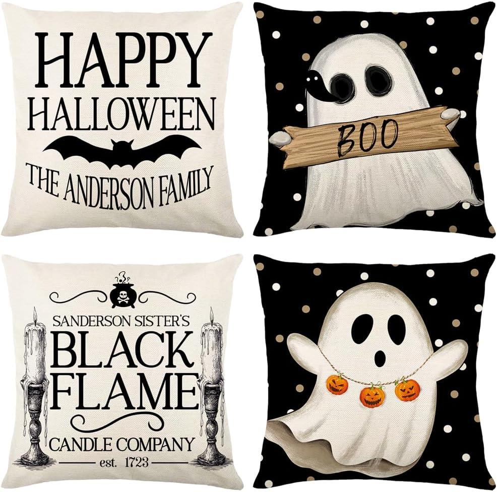 Happy Halloween Pillow Covers 16 x 16 Inch Set of 4 Boo Ghost Bats Black Flame Throw Pillow Covers Indoor Outdoor Decorative Pillow Case for Sofa Couch Bed Living Room Halloween Decor (White and Black)
