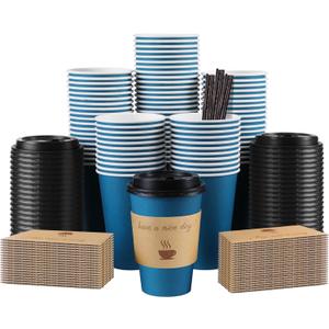 100 Pack 12 oz Coffee Cups with Lids, Disposable To Go Paper Coffee Cups with Sleeves and Stirring Sticks for Hot/Cold Drinks Office Home Shop Event (Navy)
