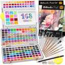 Nicpro 168 Colors Watercolor Paint Set include Metallic Macaron Candy Fluorescent, 8 Synthetic Squirrel Painting Brushes, 25 Water Color Paper, Palette, Art Supplies Kit for Artist Adult Beginner with Box