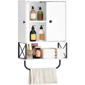 Bathroom Wall Cabinet with 2 Door and Adjustable Shelves, Farmhouse Medicine Cabinet with Towel Rack, 3-Tier Wall Mounted Storage Cabinet Over The Toilet for Bathroom Laundry Room, White (15"L x 7.9"W x 26.1"H)