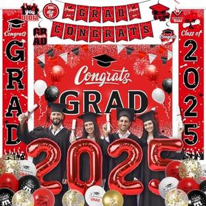 Red Black Graduation Decorations Class of 2025 - Graduation Party Decorations with Red Black and White Graduations Balloons/Number 2025 and Backdrop, Congrats Grad Banner and Haning Swirls