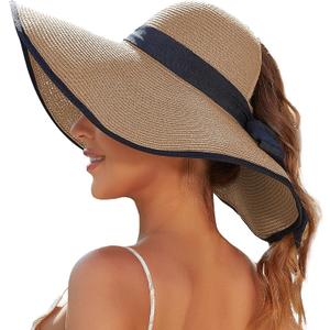 Sun Beach Hats for Women with Ponytail Hole, Floppy Wide Brim Beach Hat, Straw Summer Packable Sunhat Foldable Sun Protection, Medium, Khaki