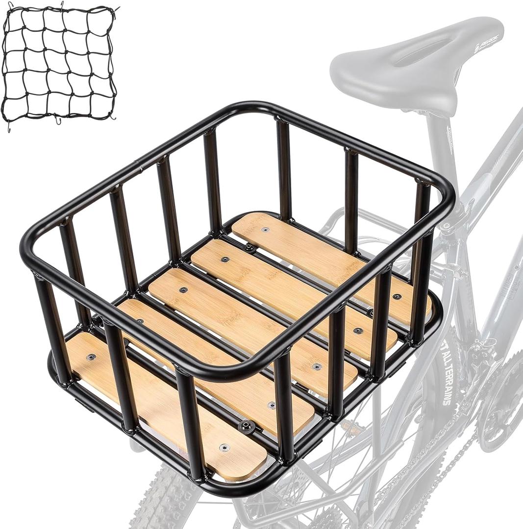 CXWXC Rear Bike Basket - Large Bicycle Rear Basket with Cargo Net and Waterproof Cover, Wooden Base Baskets Rear Large Capacity