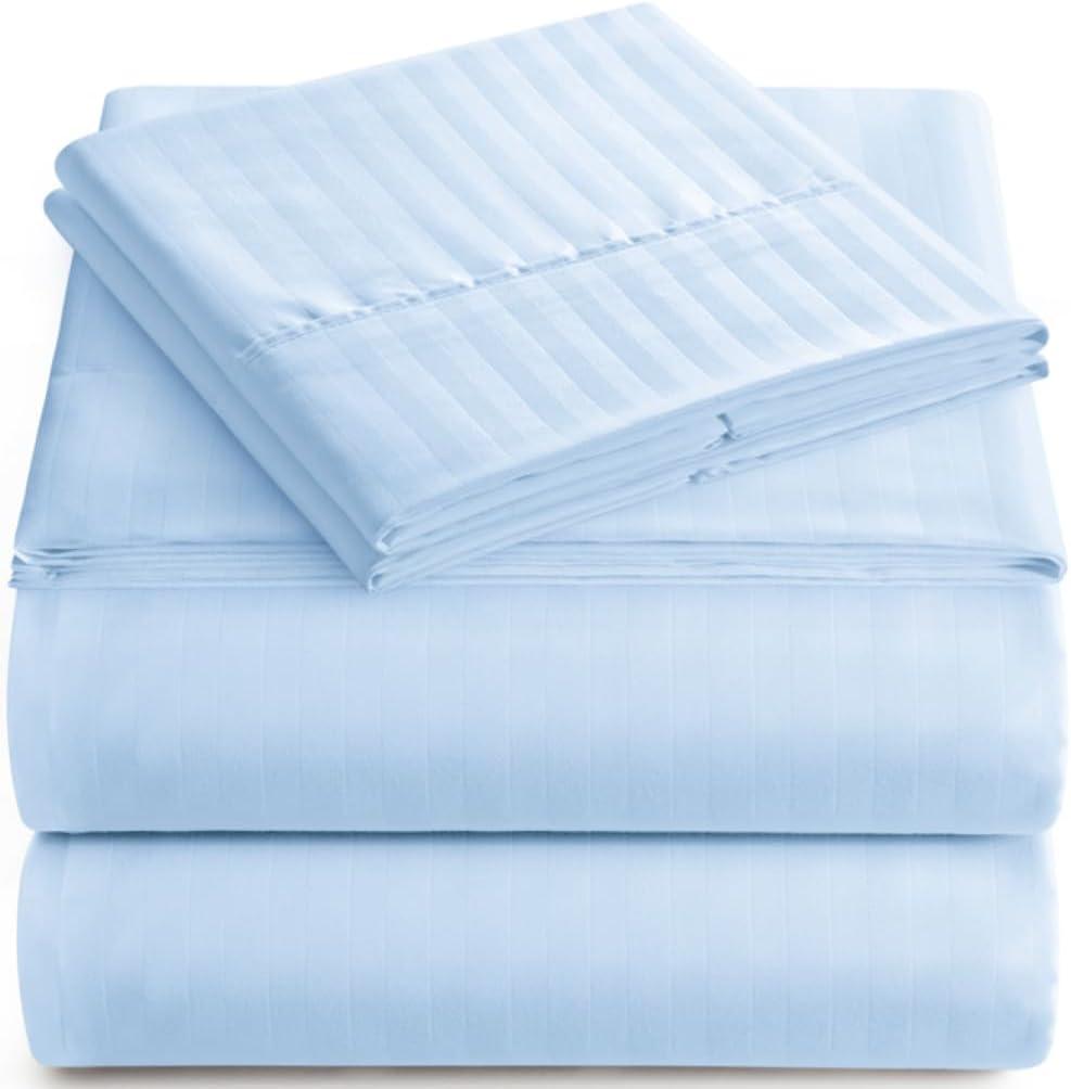 Queen Sheet Set - 4-Piece Striped Queen Size Bed Sheets - Soft & Cooling Deep Pocket Queen Bed Sheet Set - Wrinkle-Free Microfiber Bedding with 1 Fitted Sheet, 1 Flat Sheet, 2 Pillowcases (Blue)