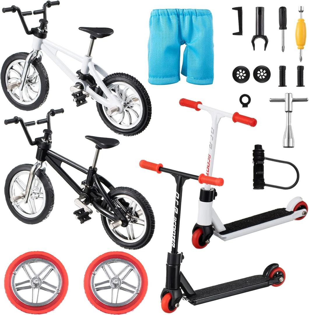 Zomiboo 18 Pieces Finger Toy Set Including Alloy Finger Bikes, Finger Scooter, Finger Pants, Replacement Wheels, Bike Lock and Mini Tools Movement Party Favors (Black, White, Blue)