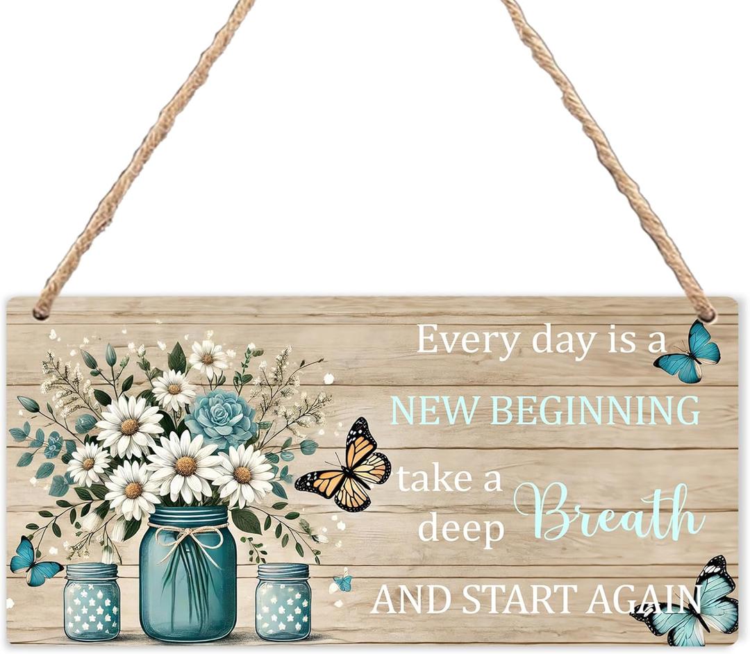 Inspirational Daisy Welcome Signs - Motivational Summer Flower Daisy Wall Decor, Summer Every Day Is a New Beginning Wooden Hanging Sign for Home Yard Porch Front Door 12x6 Inch