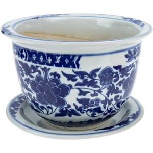 Blue and White Ceramic Flower Pot, 6.7 Inch Round Planter with Saucer for Indoor and Outdoor Plants, Excellent Drainage and Stable Design