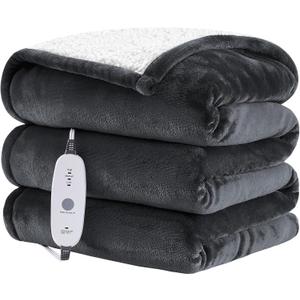 HYLEORY Heated Throw Blanket, Flannel Electric Blanket with 4 Hrs Timer, Auto-Off & 3 Heating Levels, Sherpa, Dark Grey, 62"x84"
