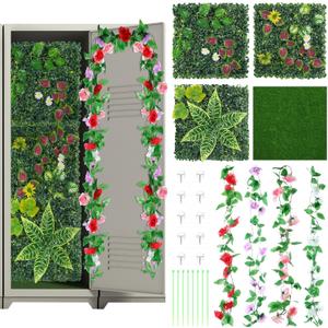 20 Pcs Locker Decoration Kit, Fake Grass Decor for DIY Locker, Artificial Grass Wall Panel Rug, Vines Decor, Hooks, Back to School Essentials (Flower)