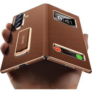 Magnetic for Samsung Galaxy Z Fold 7 Case Leather with Hand Strap Kickstand See Calls & Time Without Opening [Fit for MagSafe] Phone Cover Zfold 7 Case with Smart Screen View Window Brown