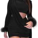 Aro Lora Womens Sexy Ruched Cutout Bodycon Dresses Long Sleeve Fuzzy Cuff Party Club Mini Dress (Black), XL