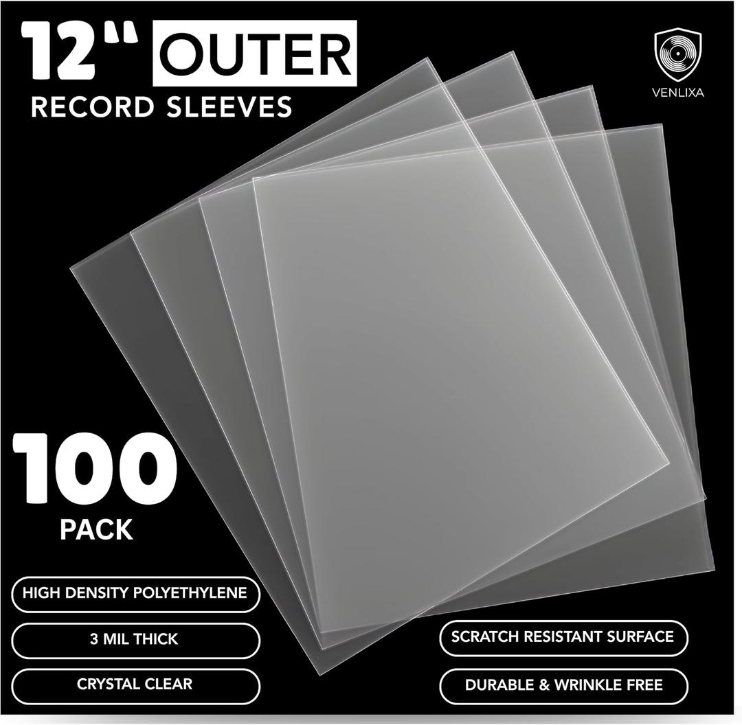 12" Vinyl Record Outer Sleeves (100 Pack), 3 Mil Crystal Clear Polyethylene Covers (12.75" x 12.75"), Archival Safe, Anti-Static, Acid-Free, LP Album Protection Against Dust, Dirt & Scratches
