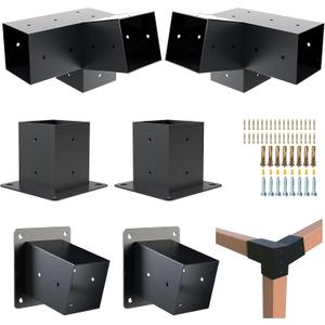 Pergola Kit, 15 3-Way Slanted Roof Pergola Bracket Set, Powder-Coated Roof Wall Mount Pergola Brackets 4"x 4"(Actual: 3.5x3.5 Inch), Pergola Hardware for Porch Gazebo Backyard (6 pcs), Black