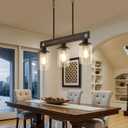 Farmhouse Dining Room Light Fixture, 3-Light Wood Kitchen Island Lighting for Dining Room Over Table, Black Adjustable Pendant Light with Seeded Glass Shades, Linear Chandeliers Lighting for Kitchen