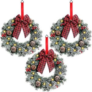 Geosar 3 Pcs Lighted Christmas Wreath, 13.8 Inch LED Christmas Wreaths with Buffalo Check Bow Pine Cone Berry, Small Lighted Xmas Window Wreaths for Front Door Wall Party Decor (Frosted)