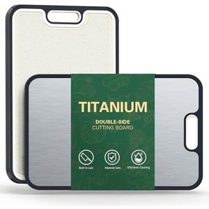 Titanium Cutting Board, Double-Sided Titanium & Straw Plastic Cutting Board, Durable Titaniums Cutting Boards for Kitchen with Deep Juice Grooves & Built-in Handles, Ideal Kitchen Gifts-Black