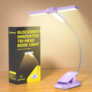 Glocusent Innovative Tri-Head Book Light for Reading in Bed, 3 Colors & 5 Brightness Levels, 1000mAh Rechargeable Reading Light with 30-Min Timer, 10-100Hrs, Partner Friendly, Perfect for Book Lovers (Purple)