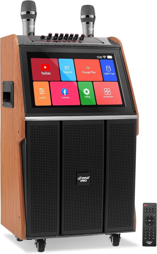 Pyle Portable Karaoke Machine 15.4'' Touchscreen Wireless Bluetooth Speaker with Dual Mics, USB/SD/HDMI/TV Input, Wheels & Handle, Rechargeable Battery, Stereo Surround, Party, Disco, Outdoor Use