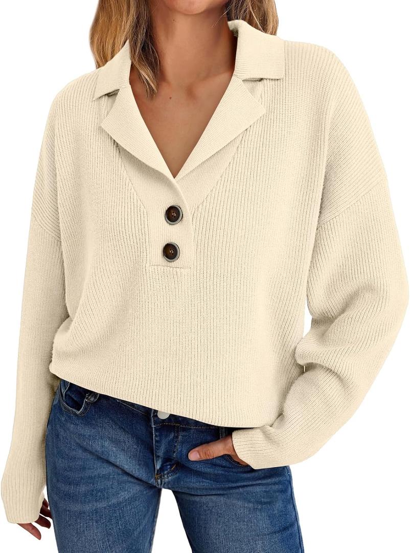LILLUSORY Womens V Neck Pullover Sweaters Casual Cable Knit Chunky Warm Cute Tops with Collar Polo (Medium, Apricot)